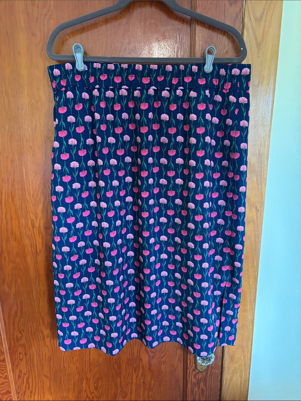 J. Crew Navy Pencil Skirt with Pink Floral Motif